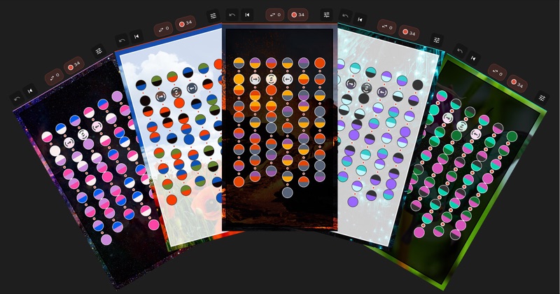 Five Attrakto themes fanned out: Galaxy, Poppies, Lava Flow, Vivid Sky, and Emerald