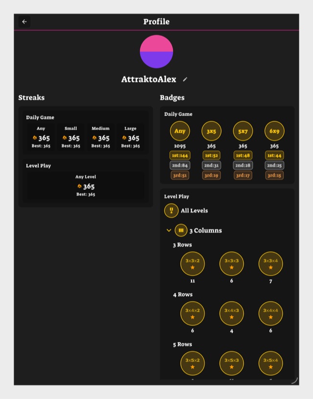 Attrakto profile screen showing streaks and badges for AttraktoAlex